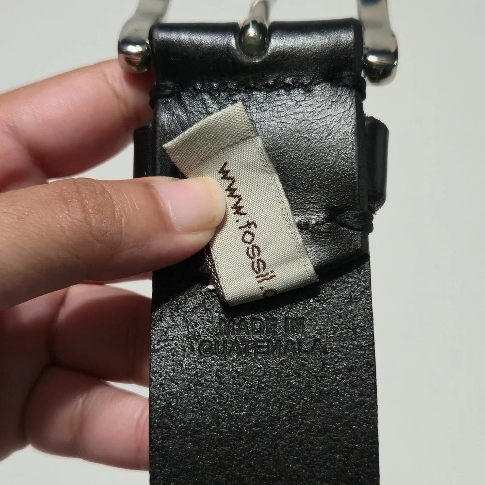 Fossil Mens Belt 38 Black Genuine Leather Silver Buckle Classic Casual Dress